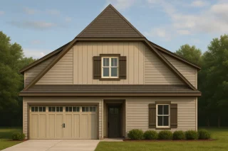 Front elevation of a Traditional Suburban Craftsman-style home featuring board-and-batten and horizontal siding, gabled rooflines, and a two-car garage