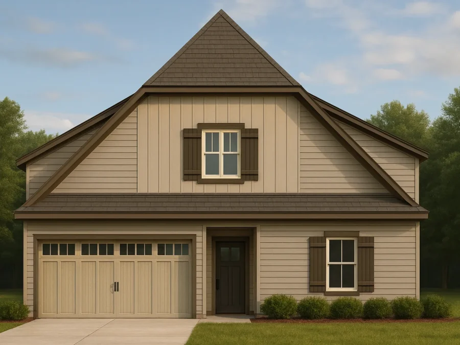 Front elevation of a Traditional Suburban Craftsman-style home featuring board-and-batten and horizontal siding, gabled rooflines, and a two-car garage