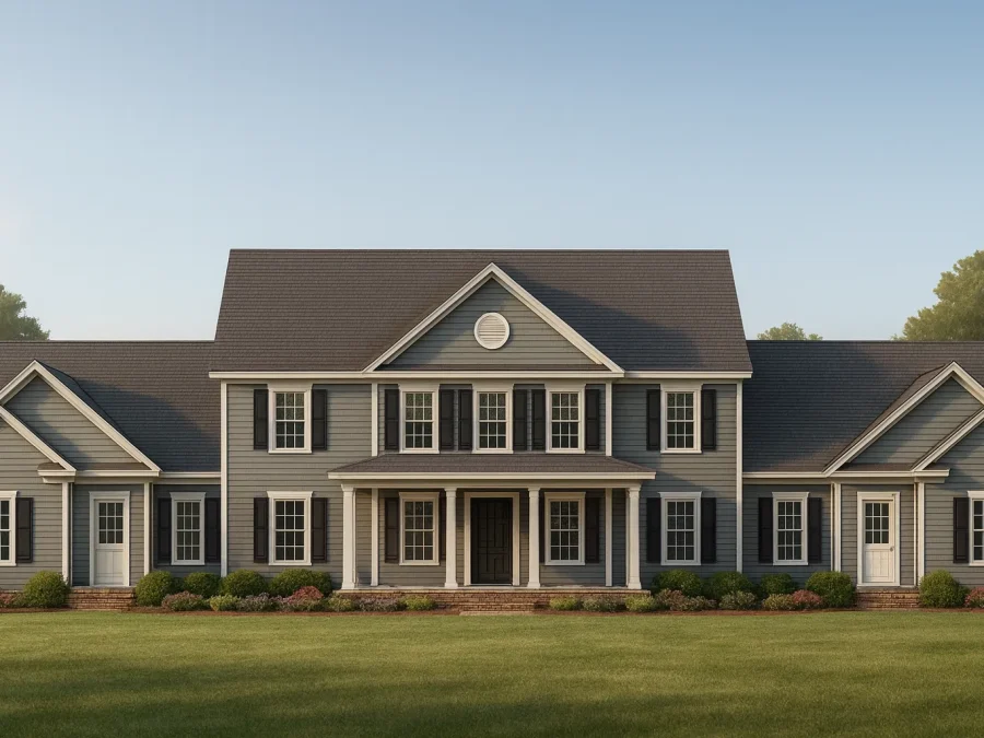 Front elevation of a Traditional Colonial style home featuring symmetrical windows, covered porch, and horizontal lap siding exterior