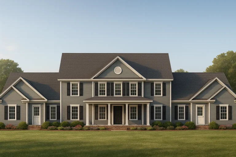 Front elevation of a Traditional Colonial style home featuring symmetrical architecture, horizontal lap siding, and a classic covered porch entry