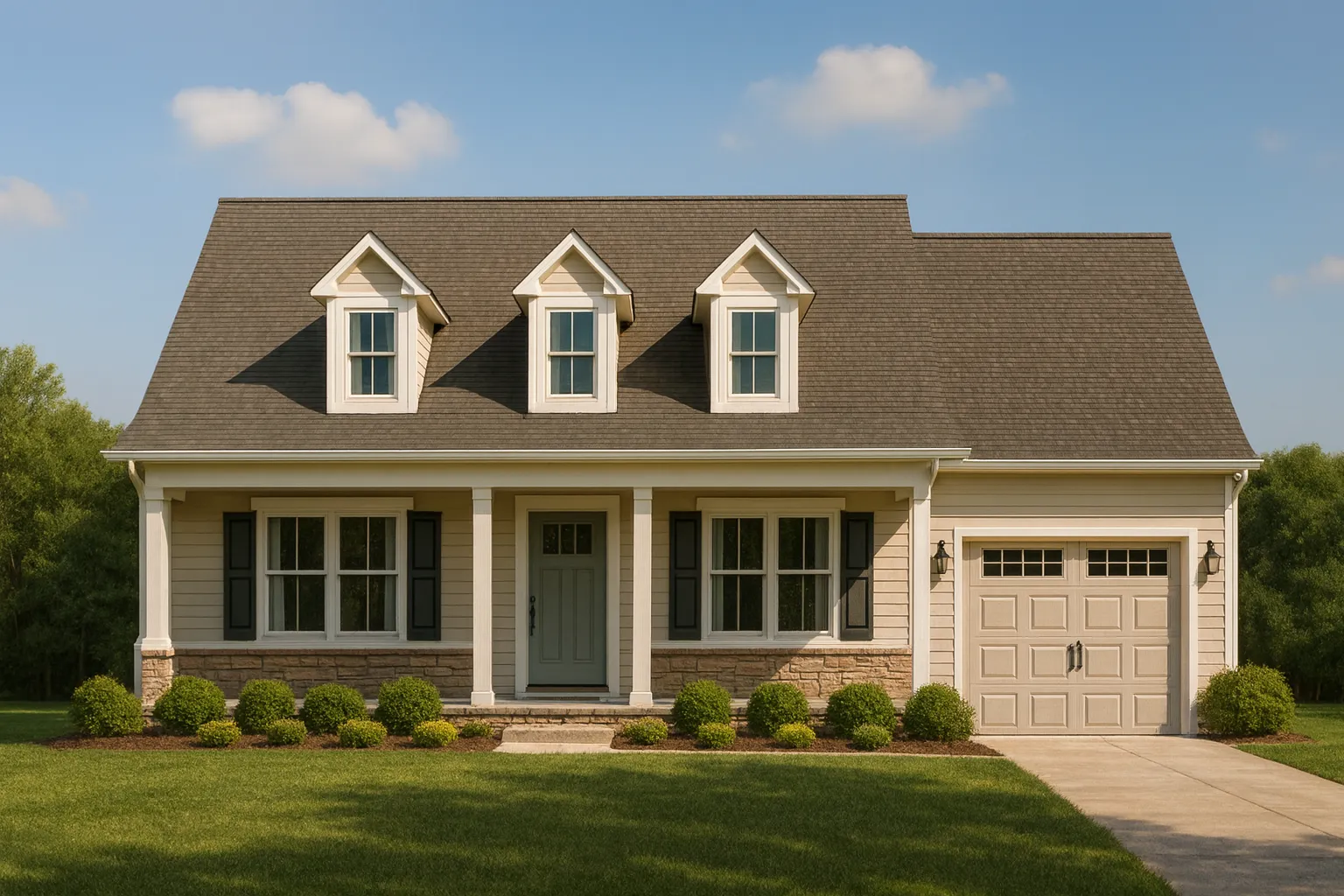 Front elevation of a Cape Cod style home featuring dormers, vinyl siding, stone accents, and a classic covered porch