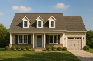 Front elevation of a Cape Cod style home featuring horizontal siding, stone wainscoting, dormers, and a welcoming covered porch