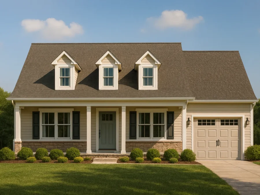 Front elevation of a Cape Cod style home featuring horizontal siding, stone wainscoting, dormers, and a welcoming covered porch
