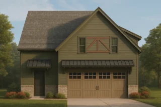 Front elevation of a Traditional Craftsman style garage home featuring horizontal lap siding, brick wainscot, metal roof accents, and carriage-style garage doors