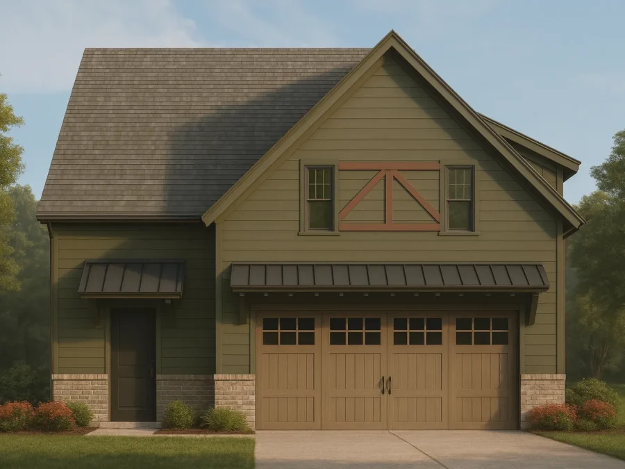 Front elevation of a Traditional Craftsman style garage home featuring horizontal lap siding, brick wainscot, metal roof accents, and carriage-style garage doors