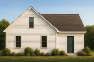 Front elevation of a Cottage and Cape Cod style home featuring clean horizontal lap siding and a simple gable roof design