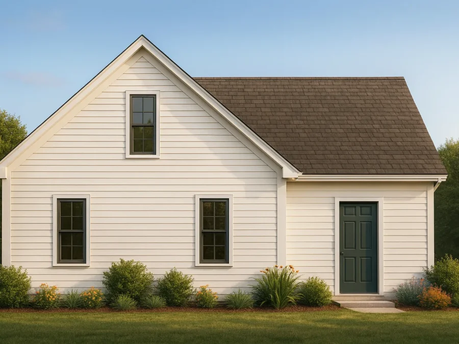 Front elevation of a Cottage and Cape Cod style home featuring clean horizontal lap siding and a simple gable roof design