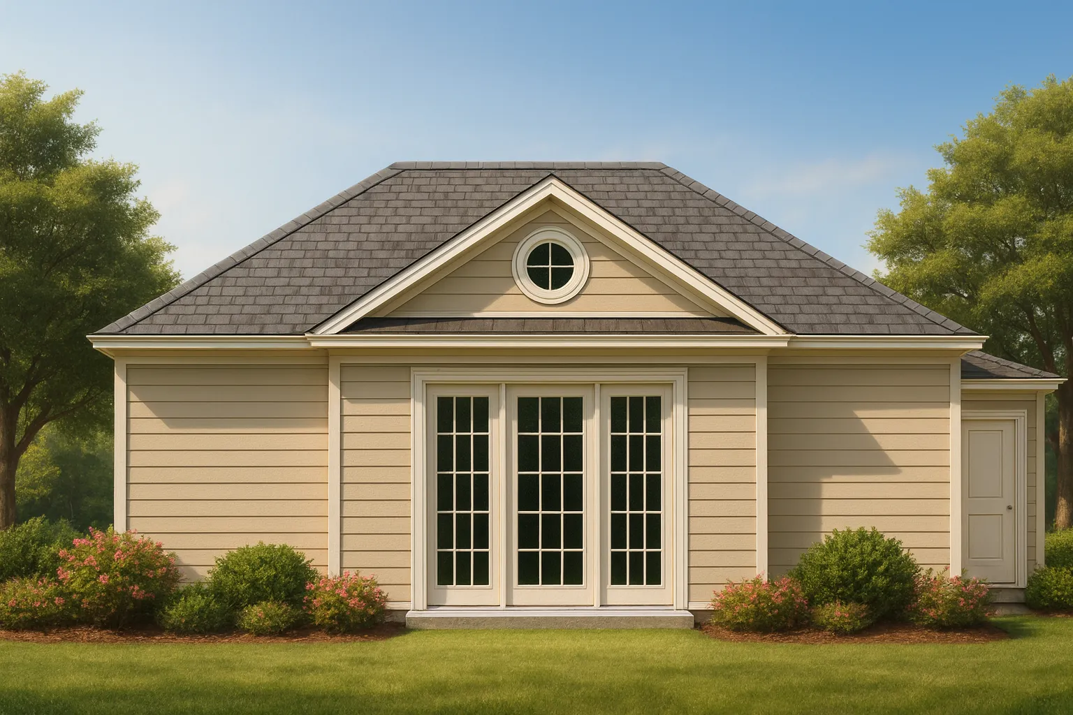 Front elevation of a Carriage House style garage apartment featuring white horizontal siding, stone wainscoting, dark carriage-style garage doors, and dormer windows