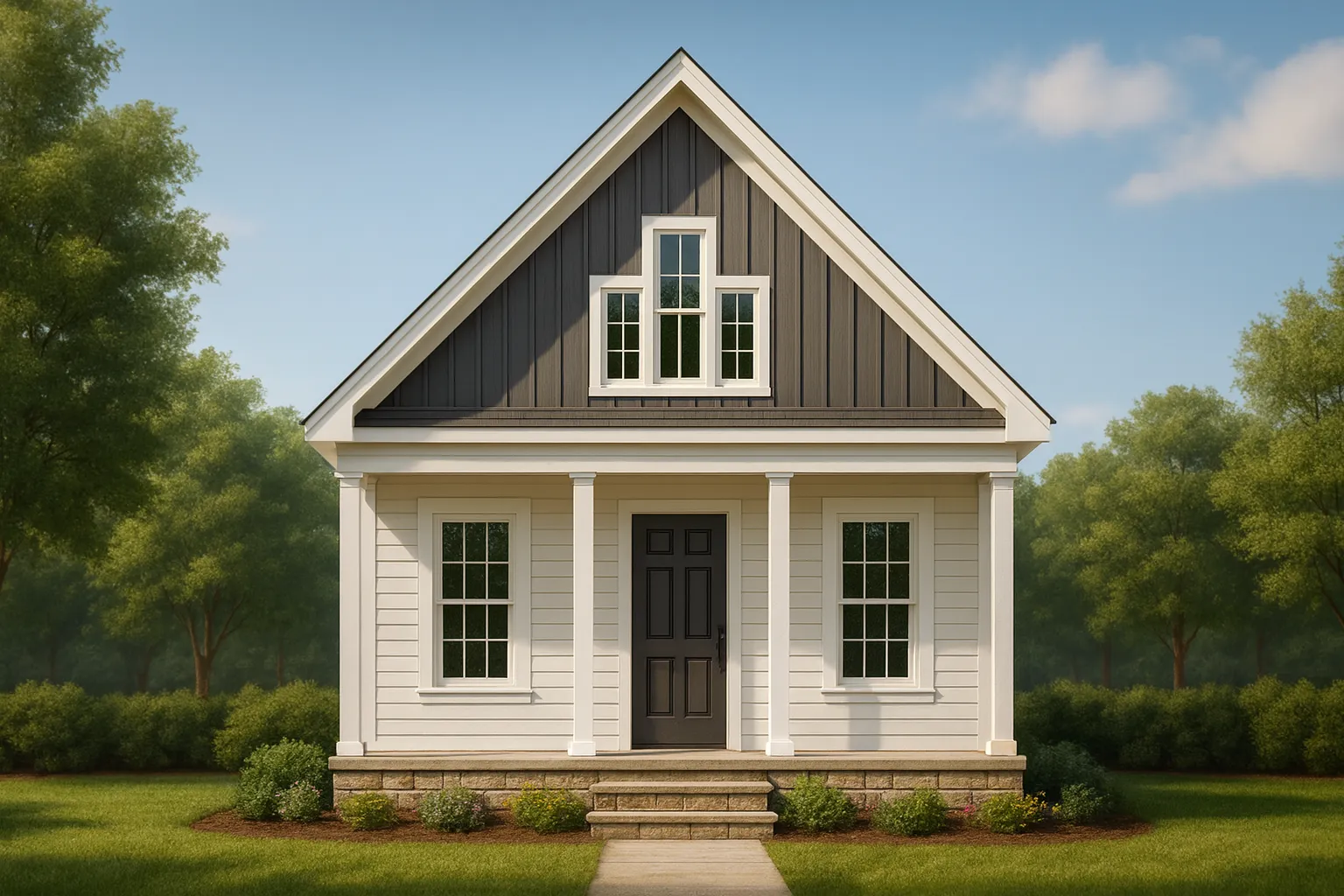 Front elevation of an American Cottage style home featuring horizontal siding, board-and-batten gable, and a welcoming covered porch