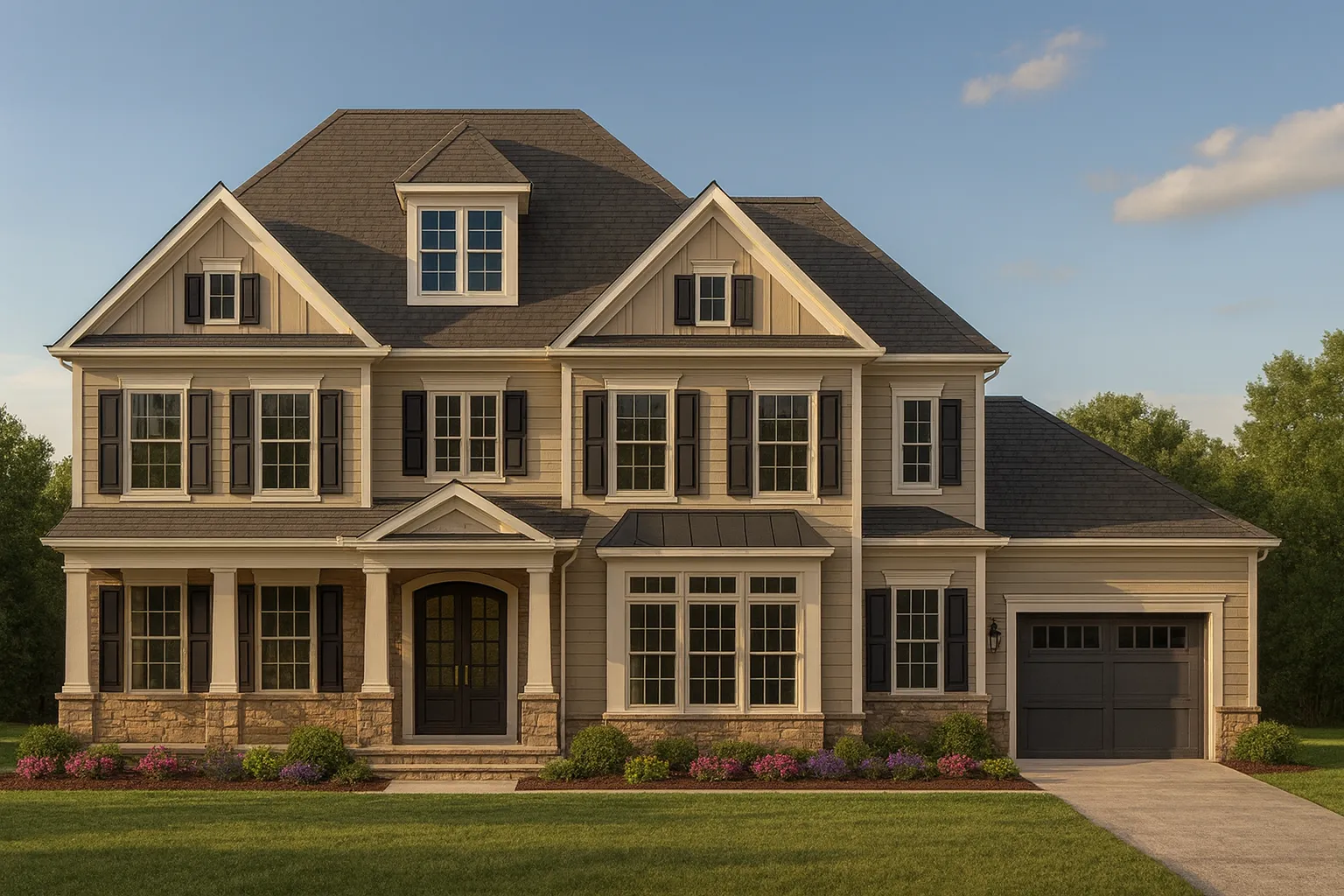 Front elevation of a Traditional Colonial New American home featuring horizontal siding, board and batten accents, stone base, and symmetrical windows