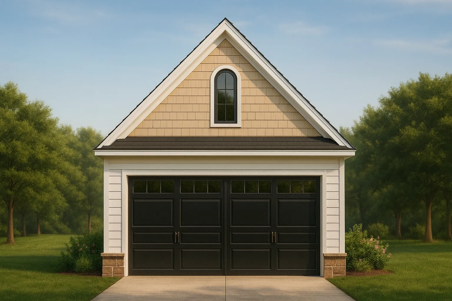 Front elevation of a Traditional Carriage House style garage featuring shingle gable detailing, lap siding, black carriage doors, and a symmetrical cottage-inspired design