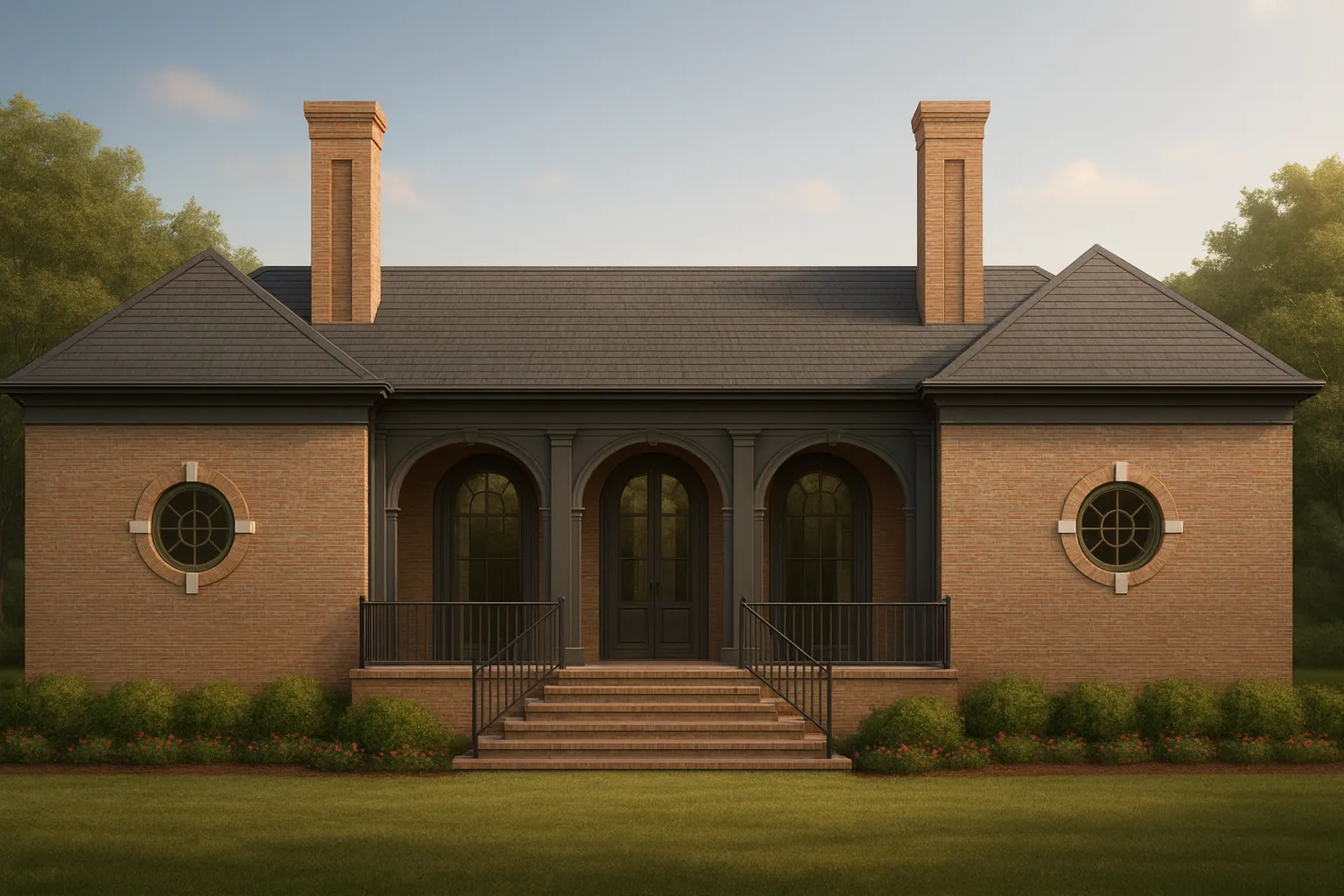 Front elevation of a Georgian Colonial Brick house featuring triple arches, twin chimneys, and classic symmetrical architecture