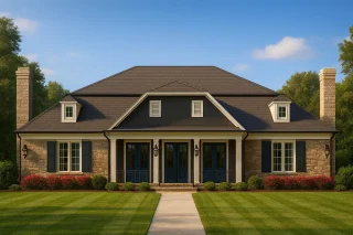 Front elevation of a Traditional Colonial style home featuring stone exterior, dark roof, shutters, and symmetrical architectural detailing