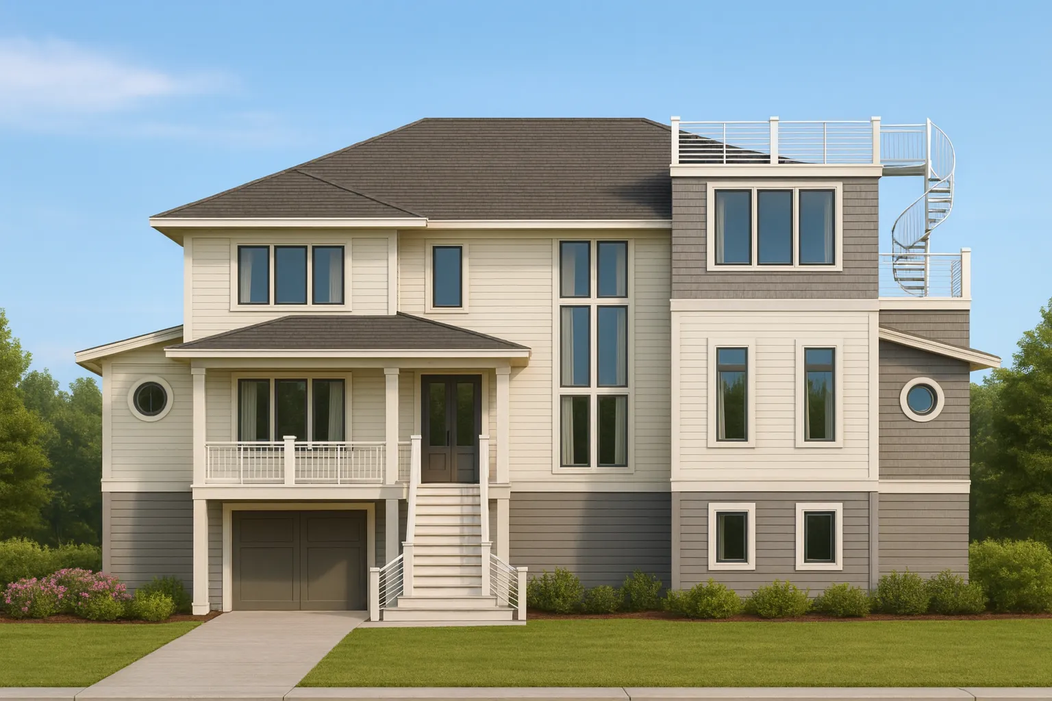 Front exterior view of a Coastal Contemporary home with horizontal siding, elevated entry, large windows, and modern coastal architecture