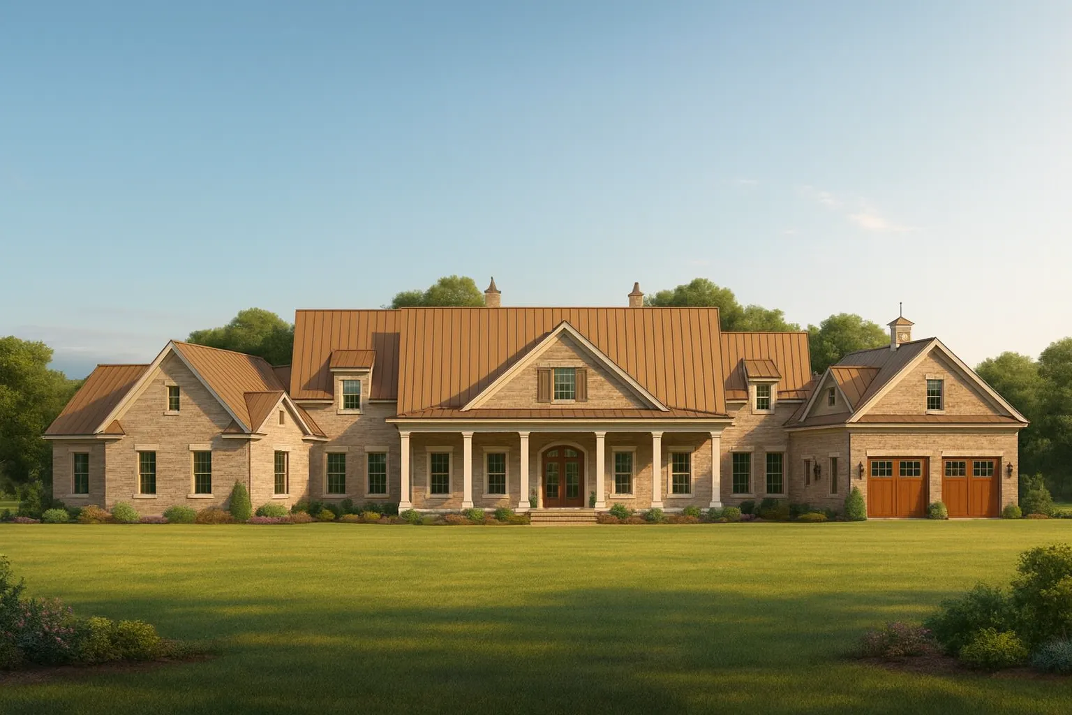 Front elevation of a Classical Southern Neoclassical home with brick exterior, standing seam metal roof, symmetrical design, and columned front porch