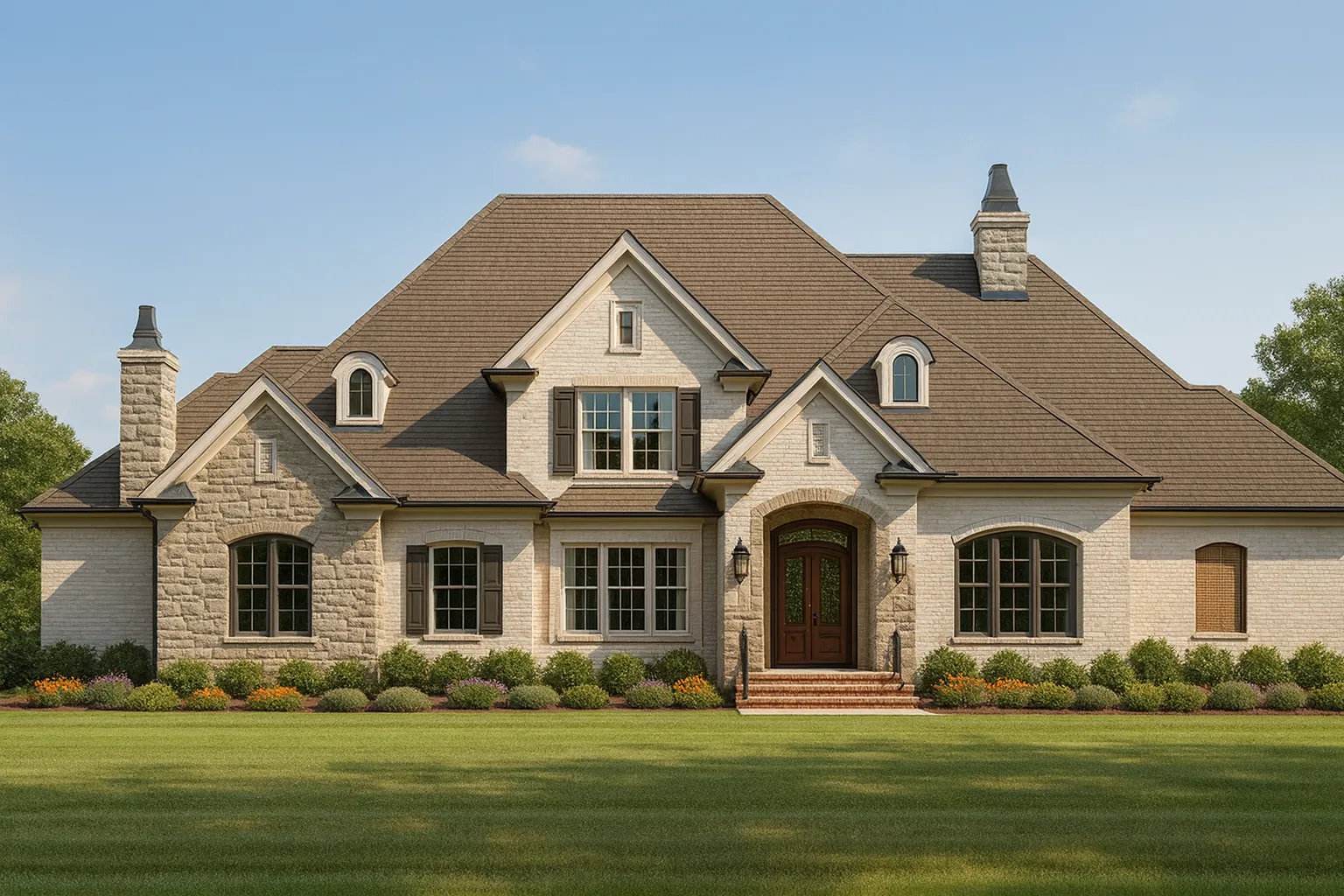 Front elevation of a French Country style home featuring a brick and stone exterior, steep rooflines, and symmetrical architectural detailing