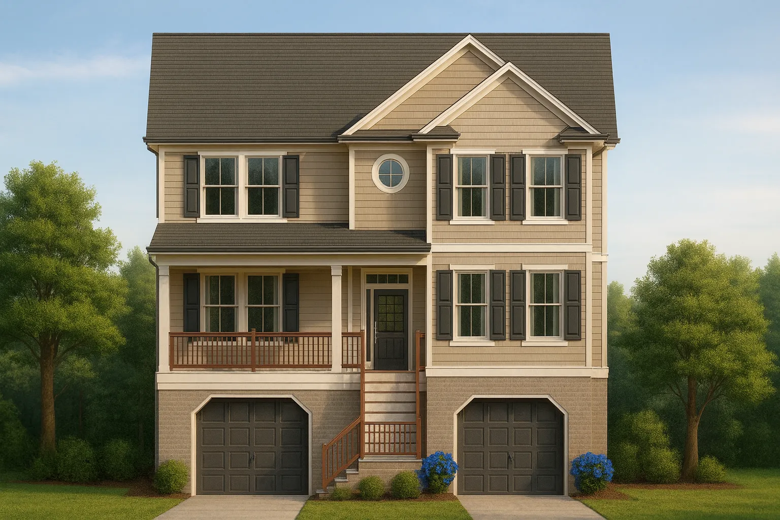 Front elevation of a New American Traditional Colonial style home with horizontal siding, shutters, and dual garage
