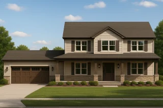 Front view of a Traditional Suburban Colonial style home featuring horizontal siding, board-and-batten accents, stone wainscoting, and a covered front porch