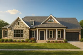 Front elevation of a Traditional Ranch style home featuring stone, brick, and horizontal siding with a welcoming covered porch