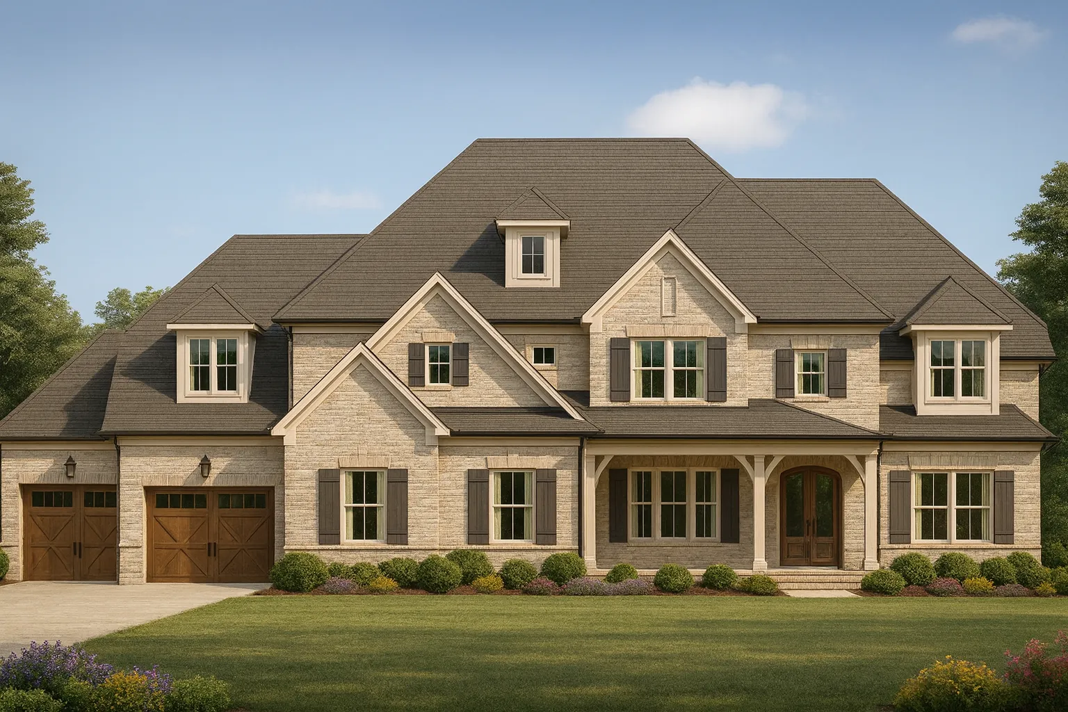 Front view of a New American French Country style home featuring stone accents, horizontal siding, gabled rooflines, and warm wood garage doors