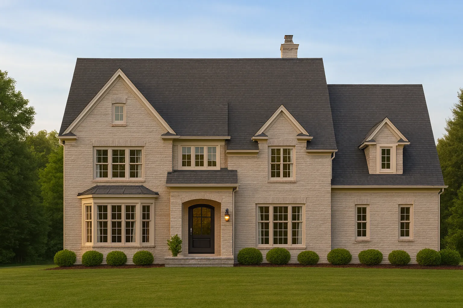 6 Bedroom House Plans 3 Front elevation of a Traditional Colonial style home with painted brick exterior, steep gabled roof, symmetrical windows, and arched front entry