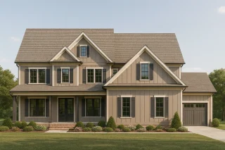 Front view of a Modern Farmhouse style home featuring board and batten siding, clean rooflines, and balanced window symmetry