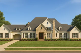 Front elevation of a Traditional French Country inspired home featuring stone accents, board and batten siding, and a balanced symmetrical façade