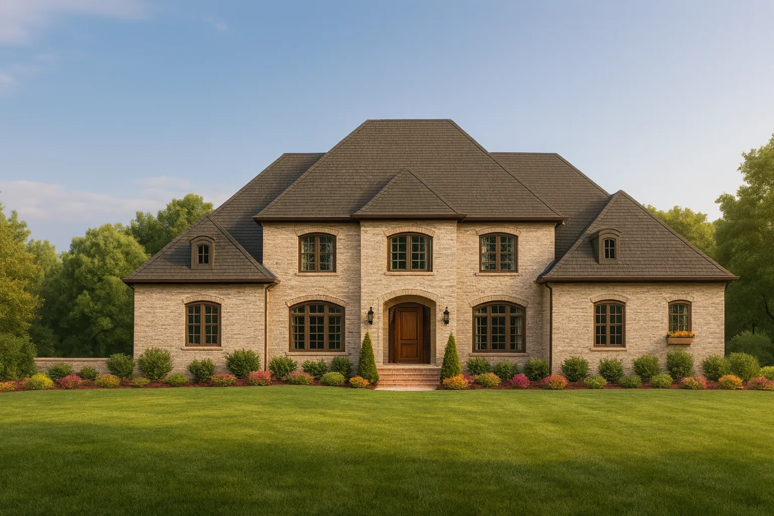 Triplex House Plans 19 Front elevation of a Georgian Colonial style home featuring a brick exterior, symmetrical windows, hipped roof, and arched central entry