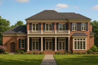 Front elevation of a Georgian Colonial style home featuring red brick exterior, columned porch, symmetrical windows, and classic architectural detailing