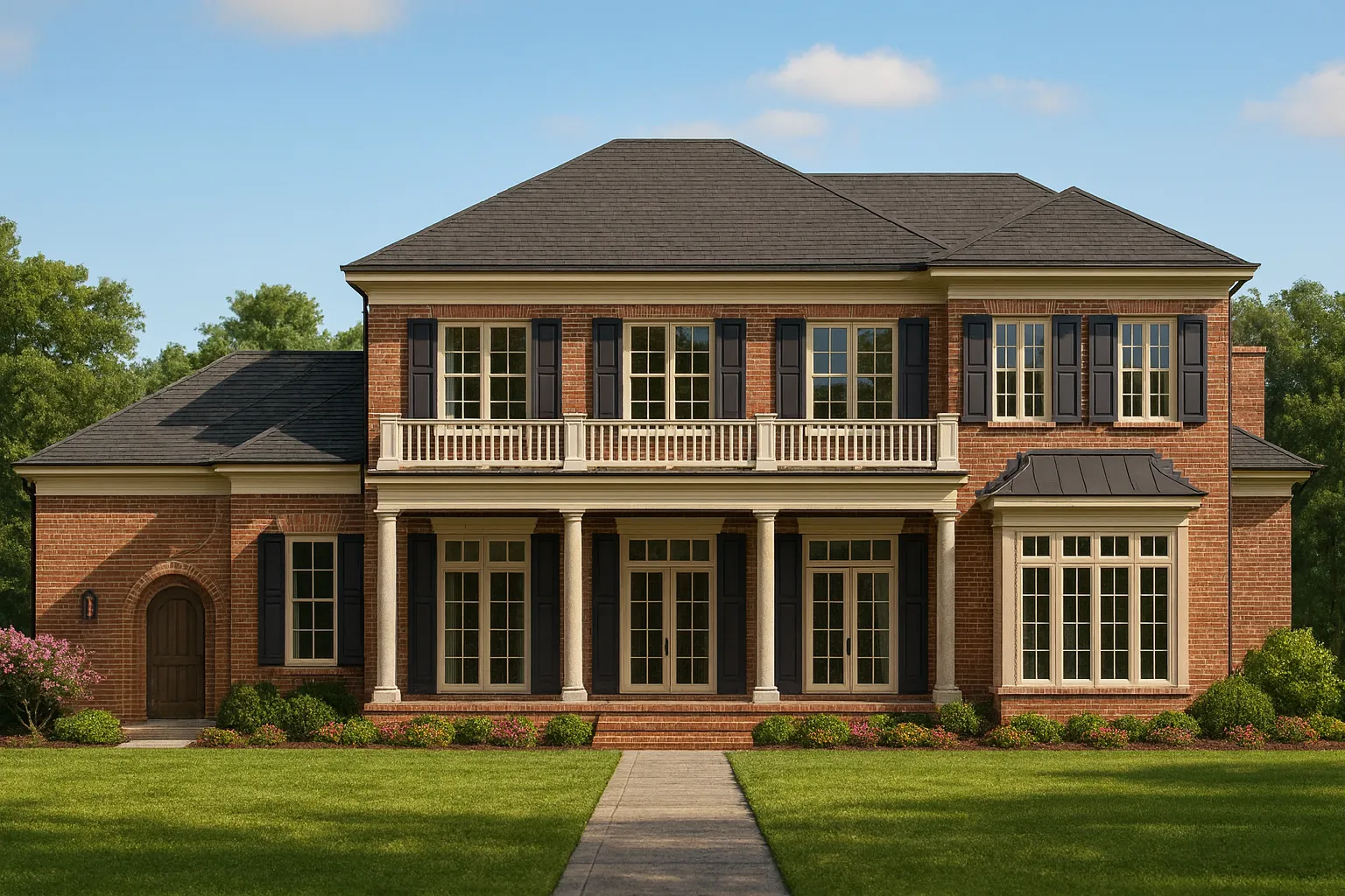 Front elevation of a Georgian Colonial style home featuring a full brick exterior, classical columns, symmetrical windows, and a two-story covered porch