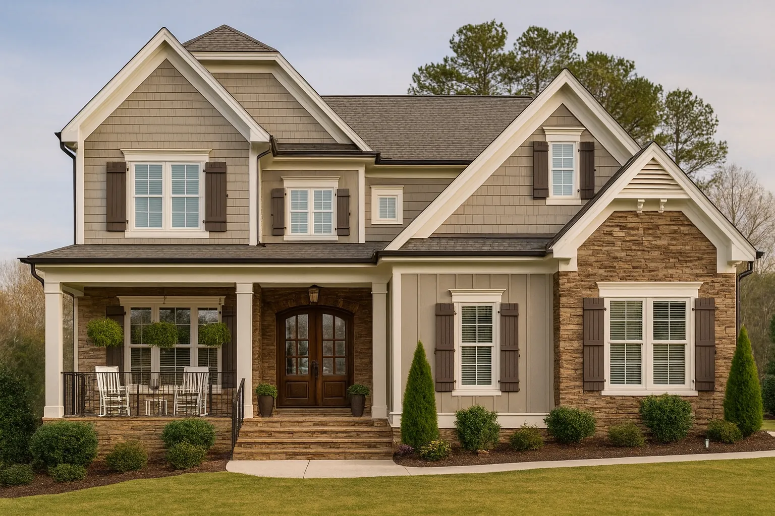 Front elevation of a New American (Modern Traditional) two-story house with horizontal lap siding, stone veneer accents, and brick porch steps