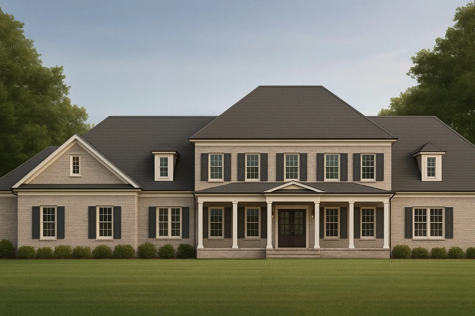 Front elevation of a Neo-Colonial (Colonial Revival) home with horizontal lap siding, symmetrical windows, dormers, and a columned covered porch entry