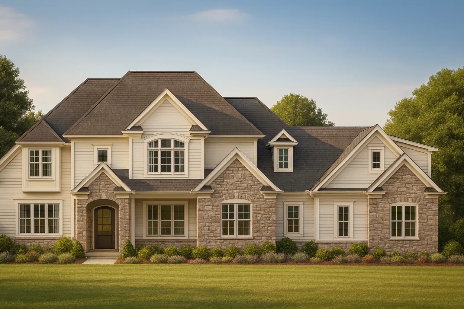Front view of a New American style home featuring stone accents, board and batten, horizontal siding, and a welcoming traditional façade