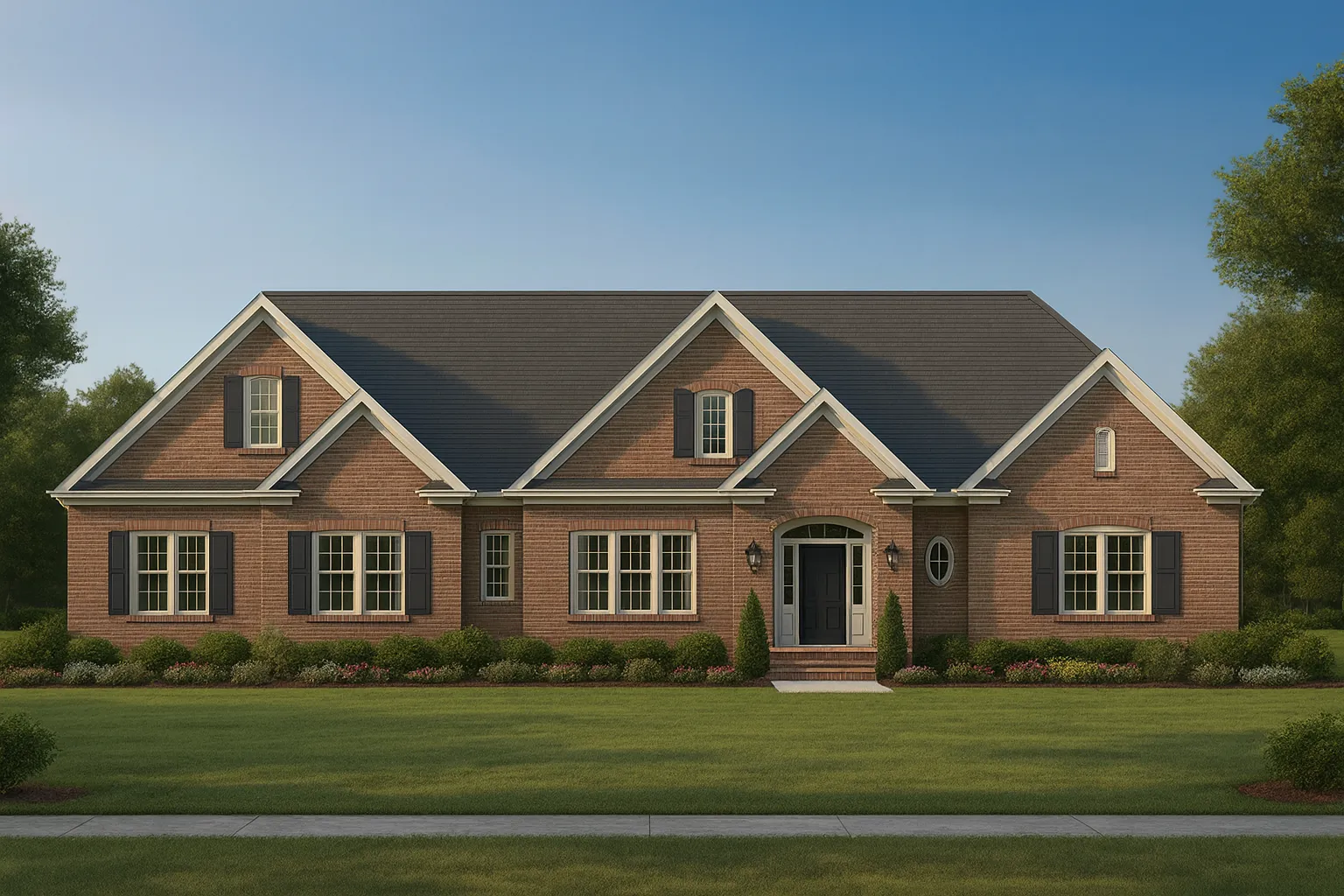 Front elevation of a Traditional Ranch style home with full brick exterior, symmetrical gabled roofline, classic shutters, and a covered entry