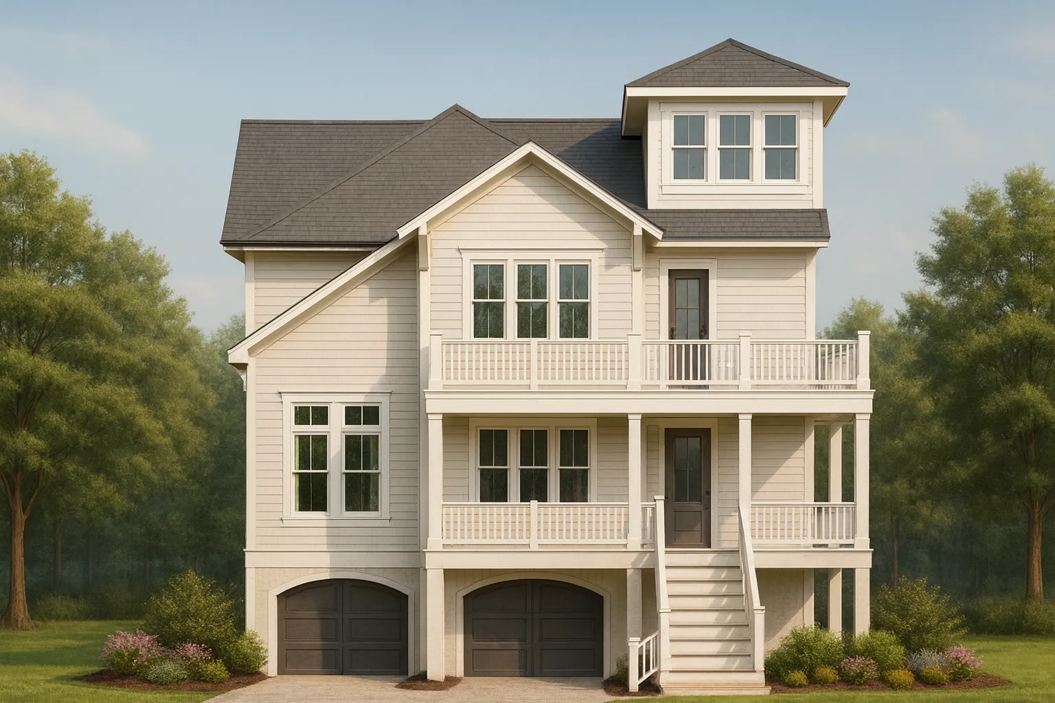 House Plans with Outdoor Fireplace 1 Front view of a coastal traditional elevated home featuring horizontal lap siding, double porches, and raised garage level