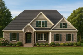 Colonial Farmhouse House Plans 11 Front elevation of a Traditional Colonial Suburban home featuring brick veneer, horizontal siding, and classic symmetrical windows