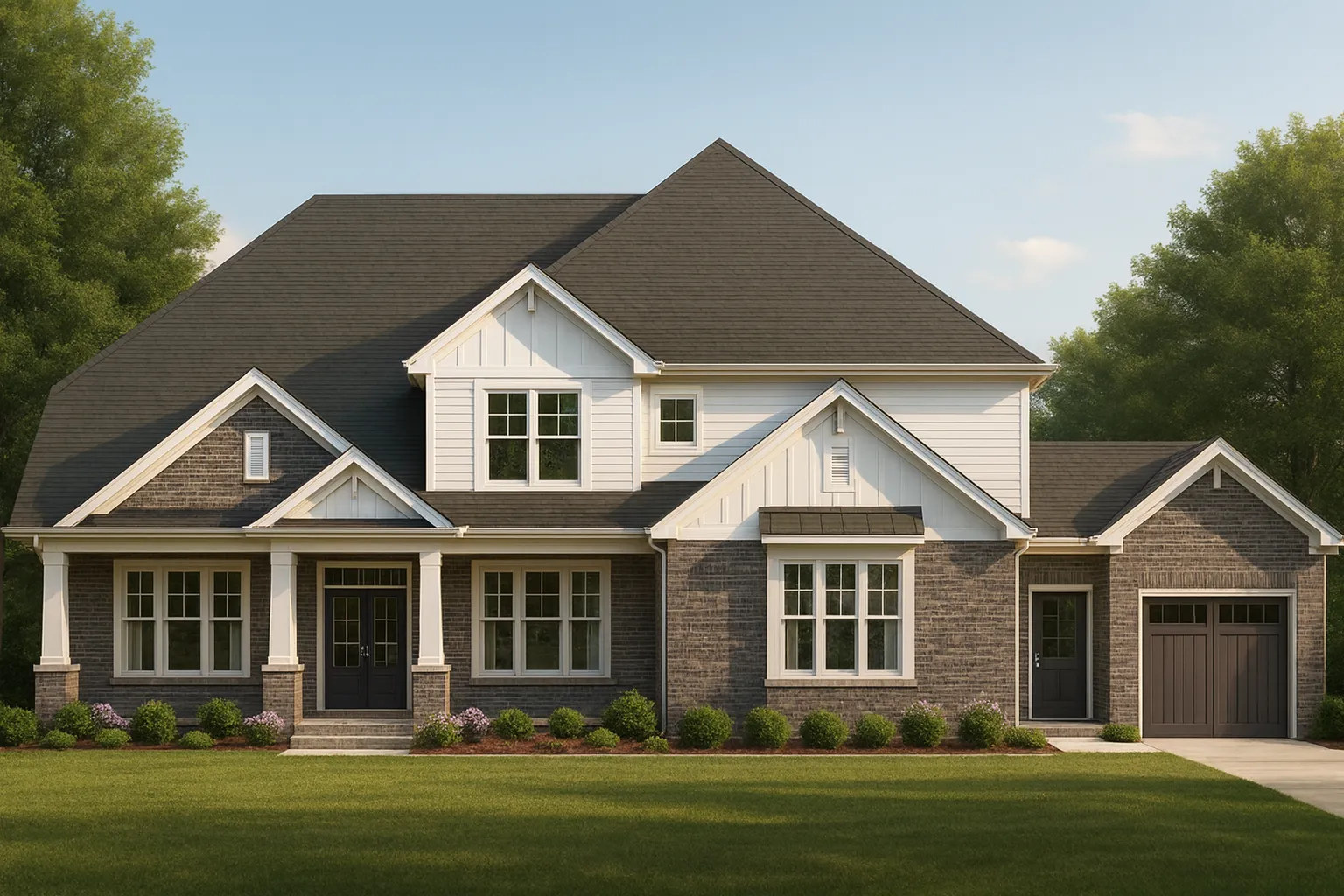 Front elevation of a Transitional Modern Traditional style home featuring brick, board and batten siding, horizontal siding, and a covered porch entry