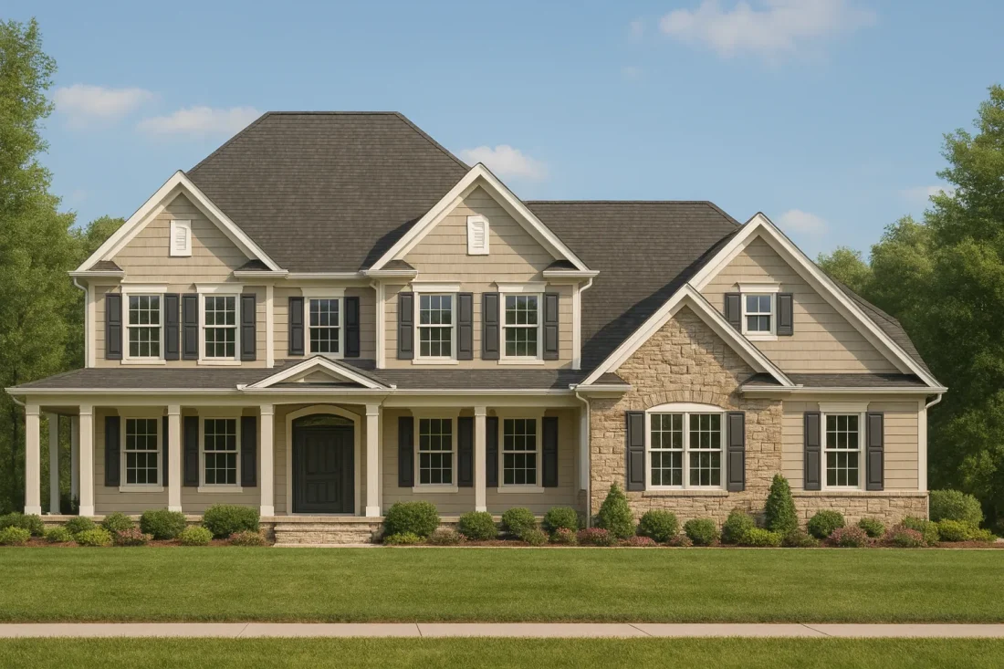 Front elevation of a Traditional Colonial style home featuring siding, shingle accents, and stone veneer with symmetrical windows and a welcoming covered porch