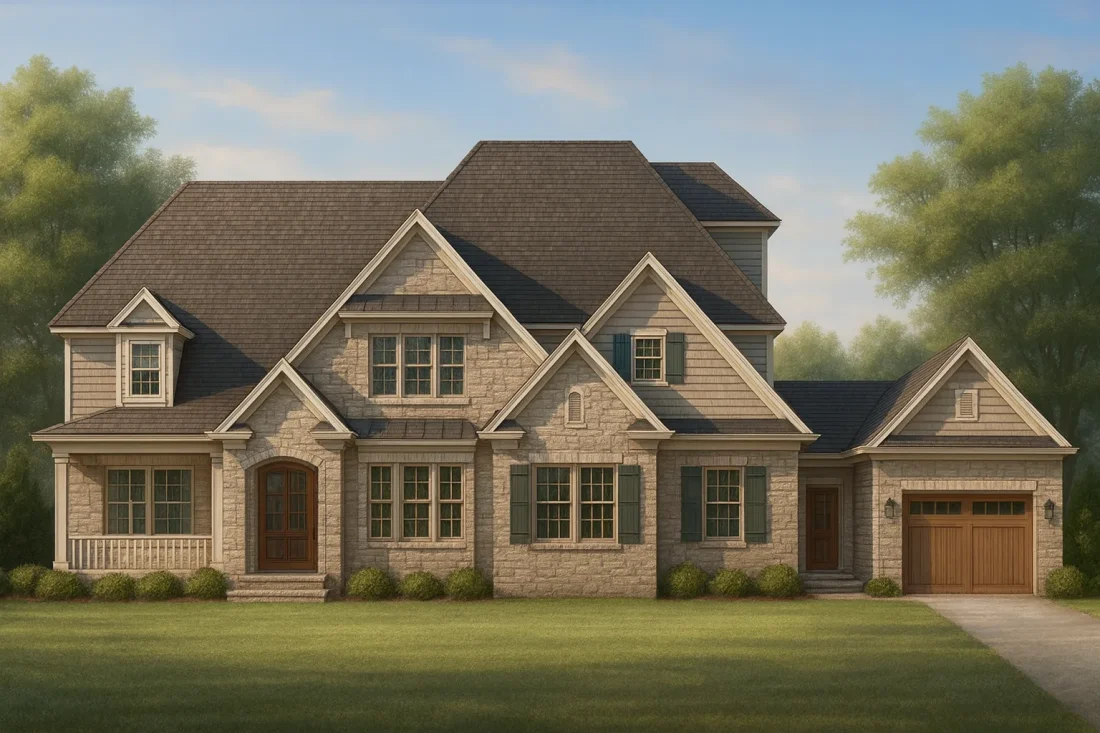 Front elevation of a New American style home featuring stone, horizontal siding, and shake shingle gables with Craftsman and French Country detailing