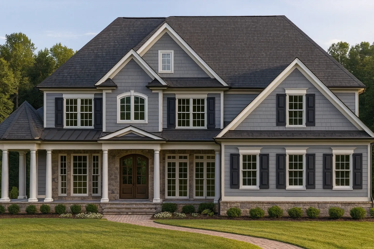 Front elevation of a Traditional Colonial style home featuring horizontal lap siding, shingle accents, multi-pane windows, and a large covered porch