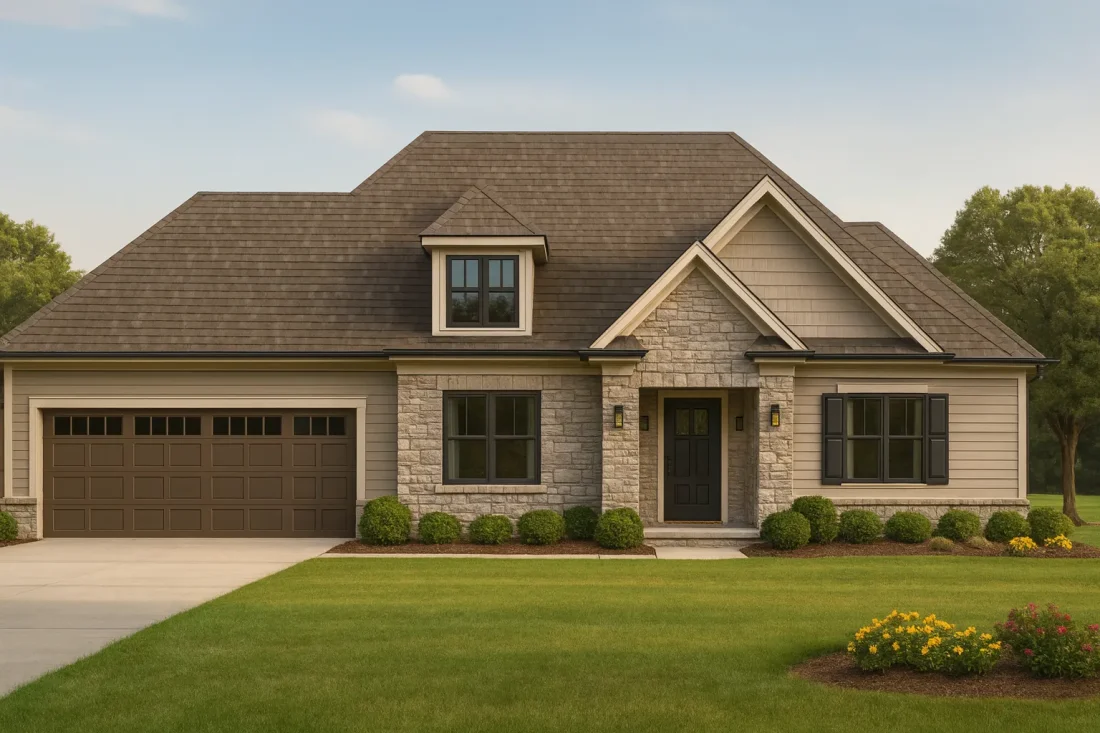 Front elevation of a Traditional Ranch New American style home featuring stone accents, horizontal siding, gabled rooflines, and a welcoming covered entry