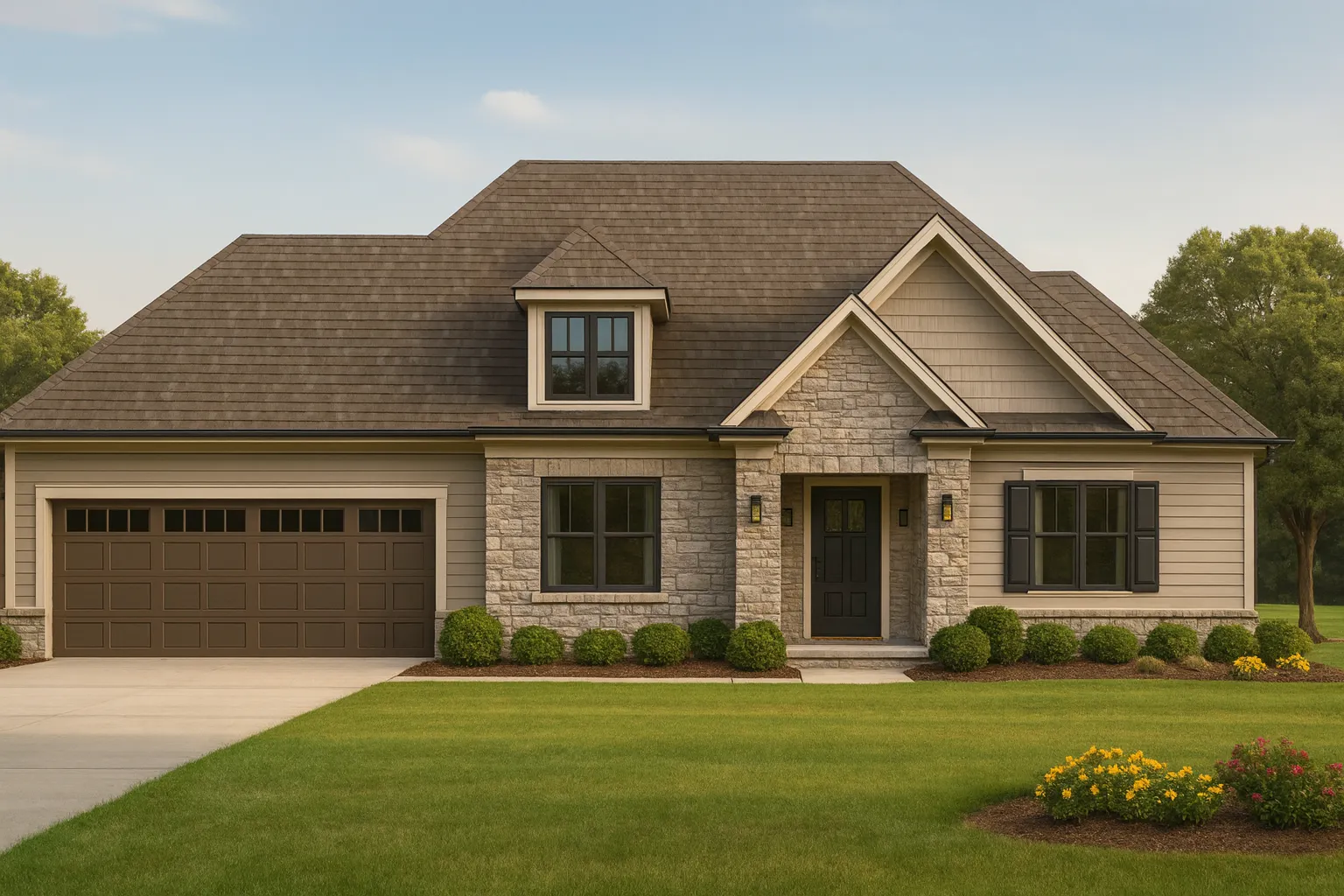 5 Bedroom House Plans 14 Front elevation of a Traditional Ranch New American style home featuring stone accents, horizontal siding, gabled rooflines, and a welcoming covered entry