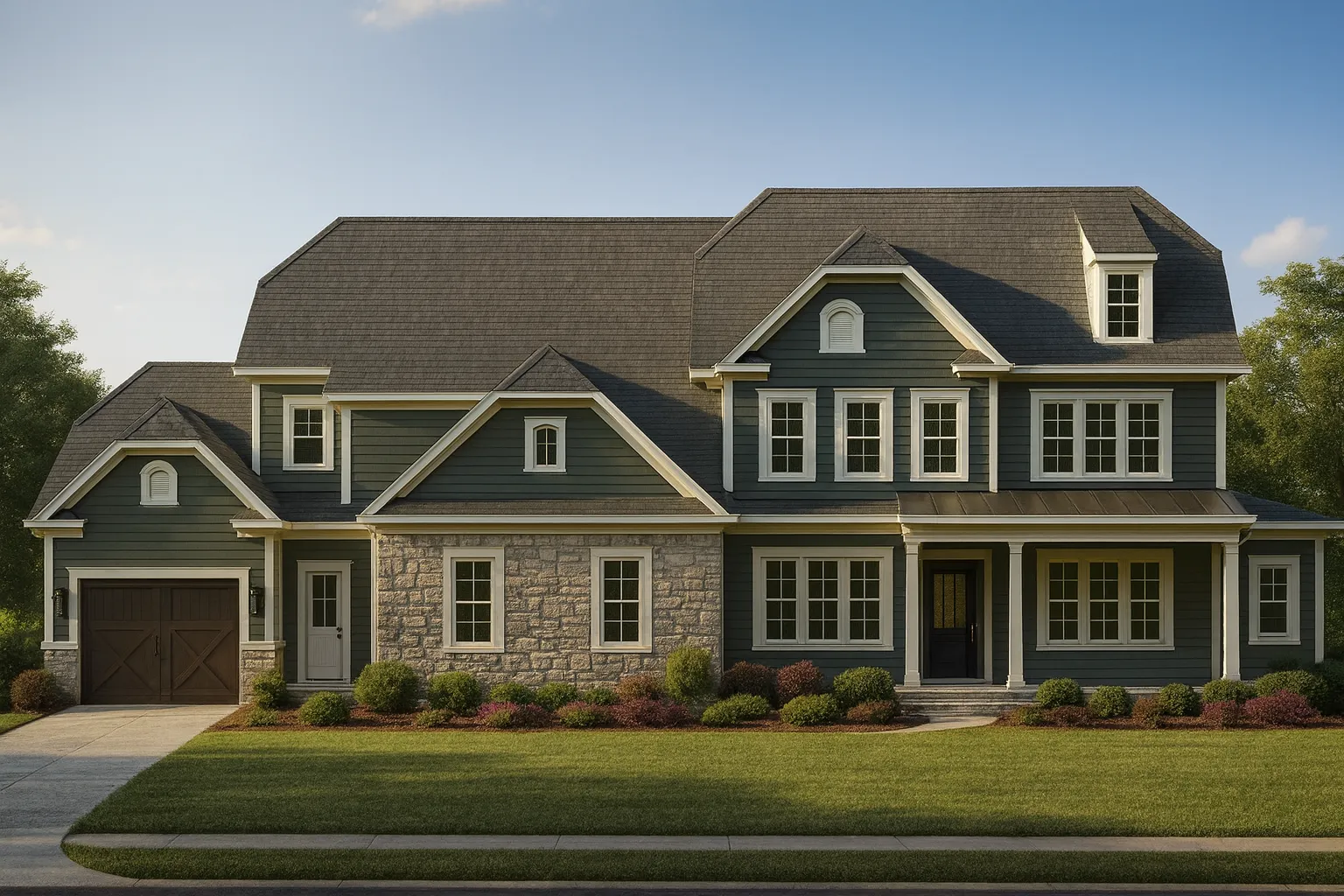 Front elevation of a New American style home featuring horizontal lap siding, stone veneer accents, multi-pane windows, and a welcoming covered porch