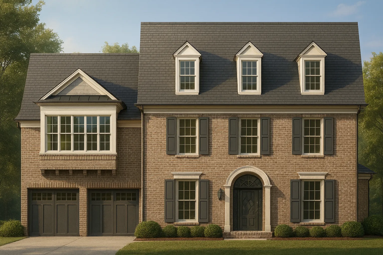 Affordable House Plans 3 Front elevation of a Traditional Colonial style brick home with symmetrical windows, dormer accents, and an arched central entry