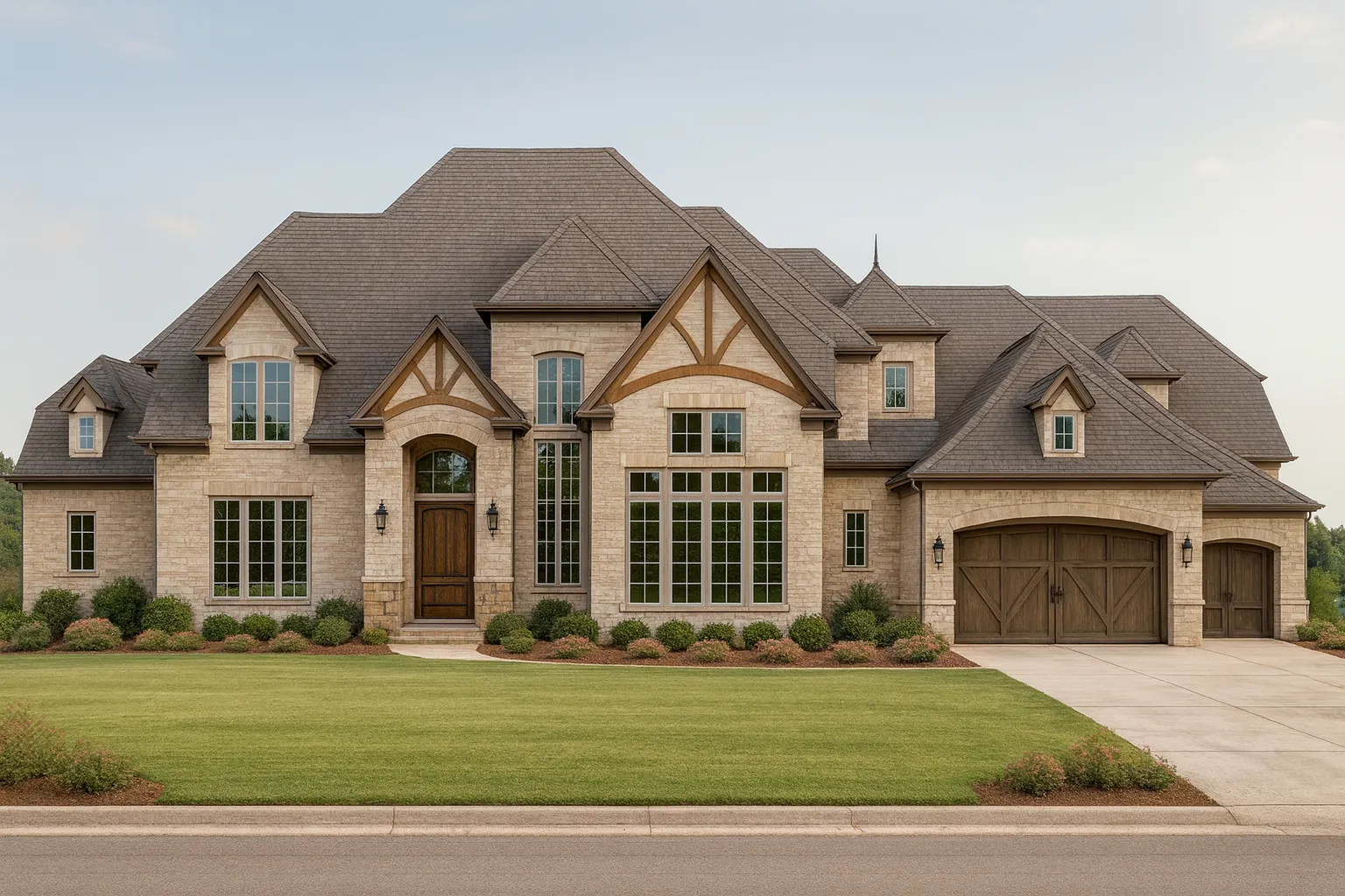 Front elevation of a French Country Tudor home featuring stone exterior, decorative timber accents, steep rooflines, and luxurious European architectural detailing