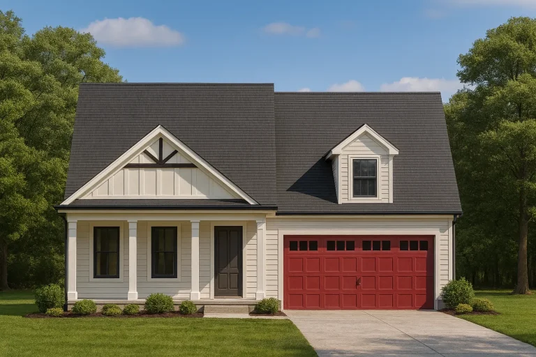 Front exterior view of a New American modern farmhouse cottage featuring board and batten siding, gabled rooflines, covered front porch, and an attached garage