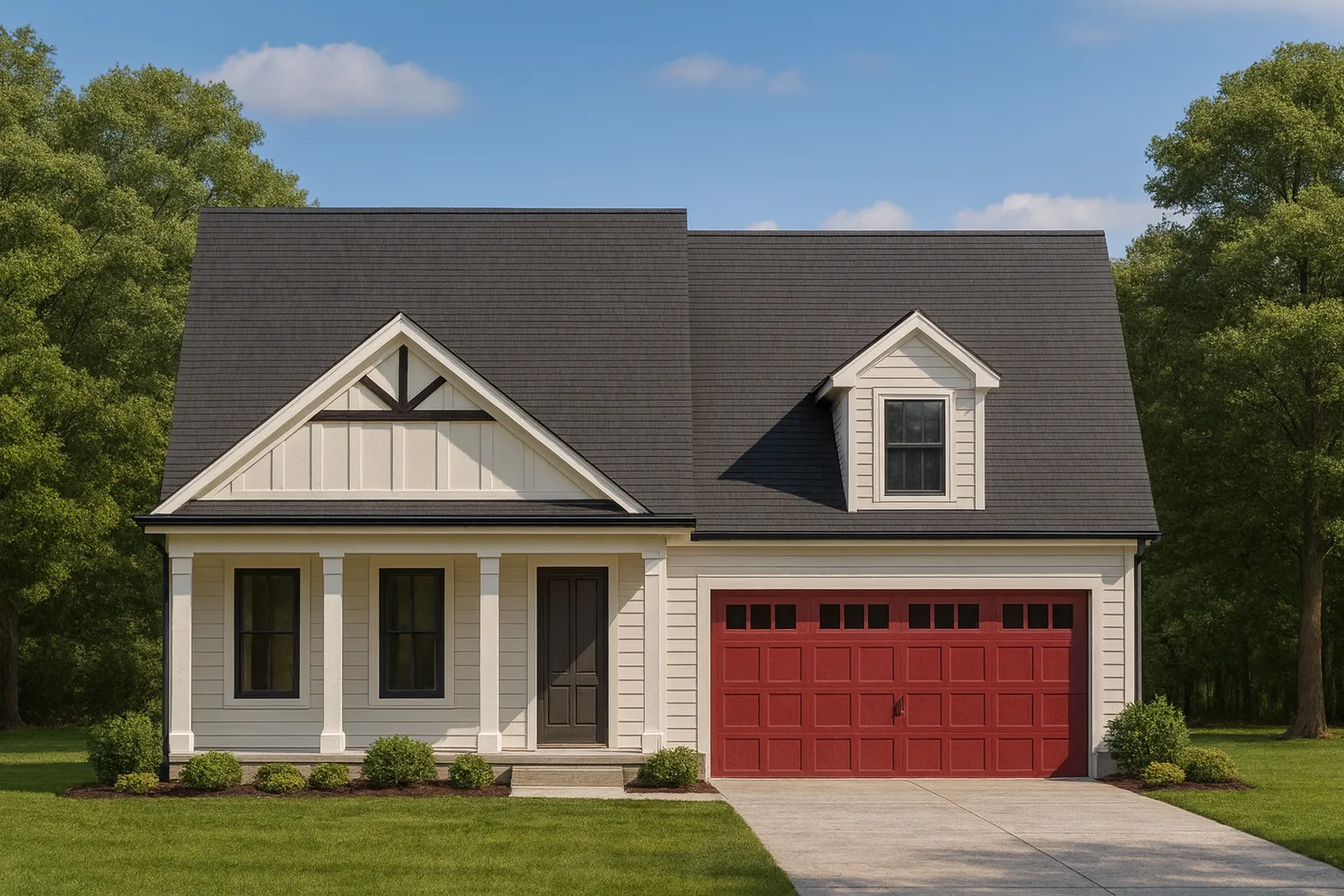 House Plans with Screened-In Porch 25 Front exterior view of a New American modern farmhouse cottage featuring board and batten siding, gabled rooflines, covered front porch, and an attached garage