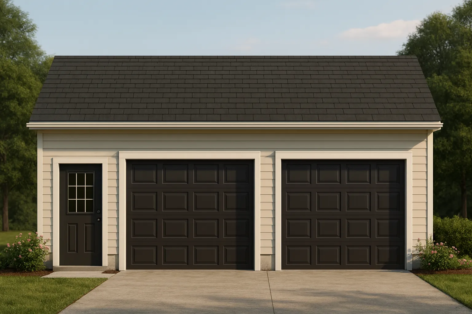 Front elevation of a traditional Colonial-style two-car detached garage with horizontal siding and symmetrical design