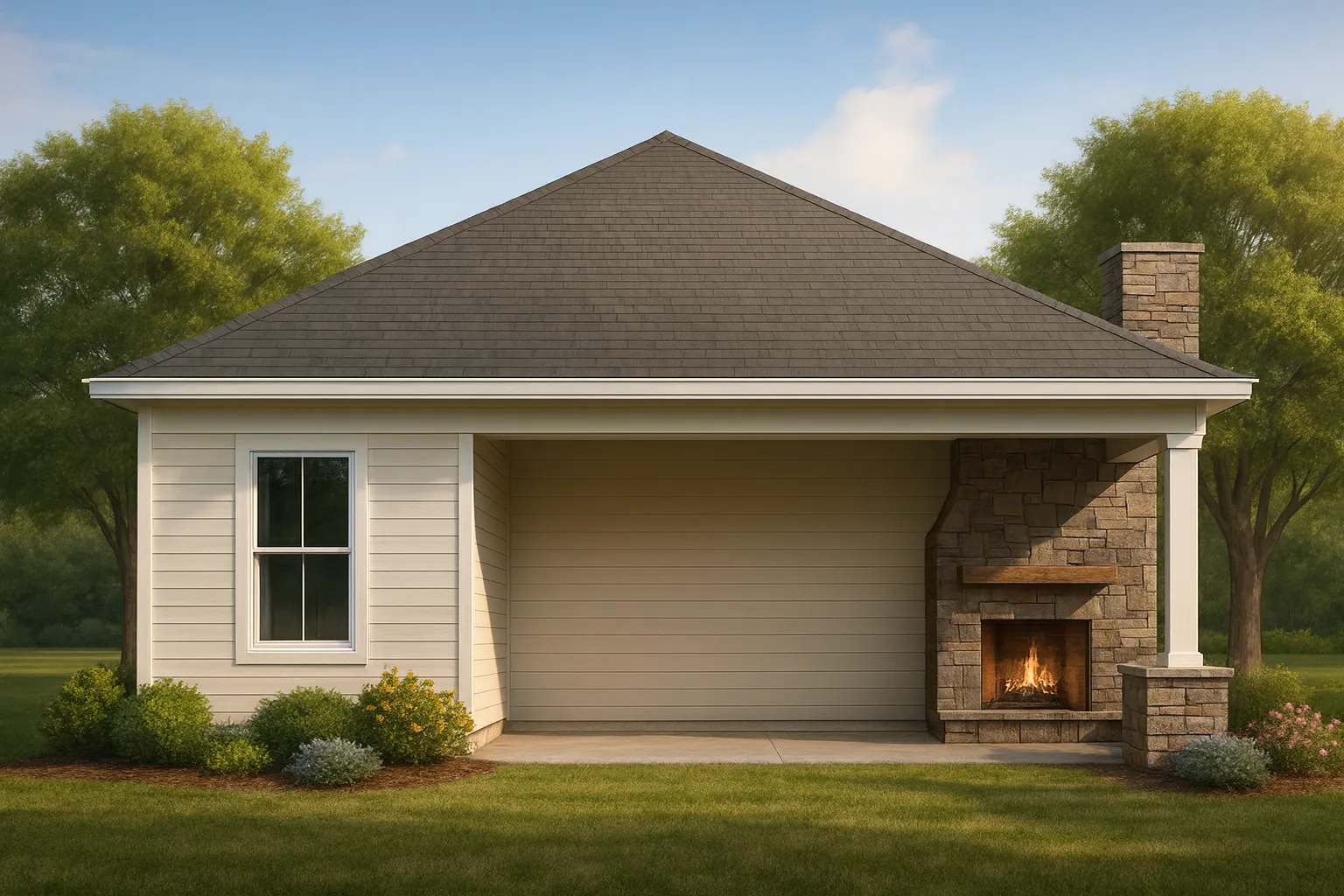 Traditional Craftsman style detached garage with horizontal siding, stone fireplace, and gable roof exterior design