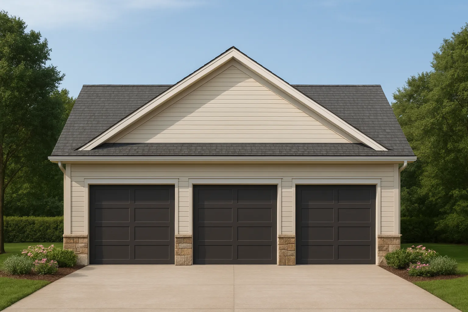Front elevation of a Traditional New American three-car garage with horizontal siding, stone base accents, and symmetrical gable roof design